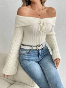 Chiquease 1件装 女士露肩蝴蝶结套头毛衣针织衫 秋冬款 - 杏色 - 查看 6