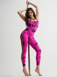 Menodora SHEIN Sport Women's Gradient Asymmetrical Neck Hollow Out Slim Fit Sport Jumpsuit - Hot Pink - View 1