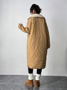 SHEIN Essnce 冬季卡其色中长款加厚保暖羽绒服女可拆卸仿毛领中长款大码派克大衣原宿风夹克纯色女装外套冷天气衣服 - 杏色 - 查看 2