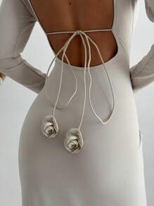 Aloruh 2022 Fashion High Collar Bodycon Off-Shoulder Backless Tie-Up H-Shaped Hem Dress - Beige - View 5