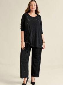 EMERY ROSE Plus Size Solid Color Drawstring Waist Long Sleeve Top And Pants 2 Pieces Set, Elegant - Black - View 1