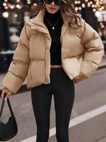 EURMUSE Drawstring Hem Hooded Drop Shoulder Quilted Women's Crop Down Jacket - Cream - View 7