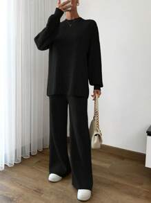 EURMUSE 2pcs Set Ribbed Textured Knitted Sweater With Funnel Neck Long Sleeve Top & Pants - Black - View 5