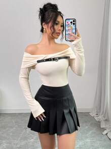Chiquease Blouse élastique à encolure dégagée et col pour femmes, automne - Nude - Voir 6