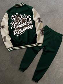 Manfinity EMRG 2pcs/Set Men's Plus Size Casual Colorblock Letter Print Jacket And Sweatpants Set - Multicolor - View 2