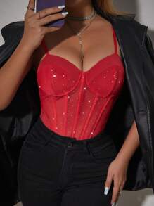 Allurite Bộ đồ liền thân không dây lưới sáng bóng màu đỏ thời trang có đường may nối cong eo dành cho nữ nhân dịp Giáng sinh cho năm mới - Đỏ - Xem 1