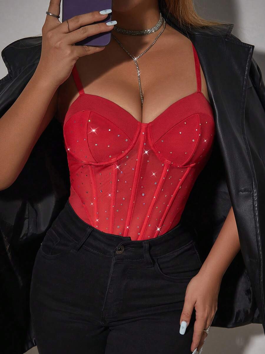 Allurite Bộ đồ liền thân không dây lưới sáng bóng màu đỏ thời trang có đường may nối cong eo dành cho nữ nhân dịp Giáng sinh cho năm mới - Đỏ - Xem 1