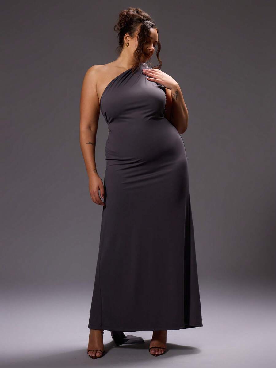 MUSERA Plus Size Asymmetrical Neck Cut Out Back Maxi Dress Outfit For Going Out, Party, Club, Rave, Concert, Festival, Sexy, Date Night Flowy, Versatile Long Dress Elegant Graduation Prom - Dark Grey - View 1