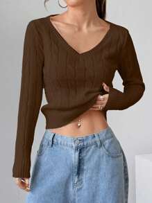 SHEIN Unity Women's Solid Color V-Neck Cable Knit Sweater, Versatile Campus Style For Autumn/Winter Knit Pullover Fall Outfit - Chocolate Brown - View 4