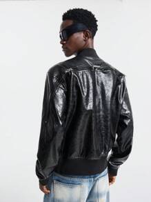 Manfinity VCAY Men Street Fashion Black Faux Leather Zip-Up Long Sleeve Jacket, For Fall Winter - Black - View 3