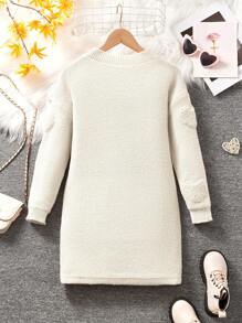 Tween Girl Jacquard Heart Pattern Loose Fit Casual Midi Dress For Early Winter, Versatile Layering Piece