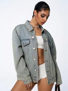 SHEIN ICON Chaqueta vaquera de manga larga con bolsillo y botones delanteros, de estilo sencillo y casual para mujer