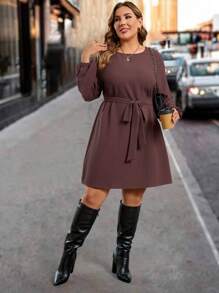 SHEIN Clasi Plus Size Women's Solid Color Textured Long Sleeve Dress, Autumn/Winter