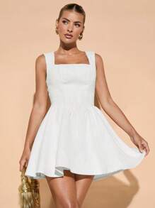 SHEIN BAE Solid Color Cream/Apricot Sweet & Cute Romantic Tweed Strap Puff Dress, Suitable For Cocktail Party, Romantic Date, Autumn/Winter Layering, Party, Formal Event, Halloween, Christmas