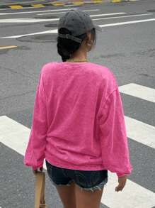 Muchica 1pc Women Retro Acid-Washed Embroidered Long Sleeve Round Neck Knitted Sweatshirt - Hot Pink - View 2