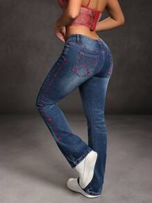 SHEIN SXY 女士侧边刺绣口袋喇叭休闲牛仔裤，百搭 - 藍色 - 查看 3