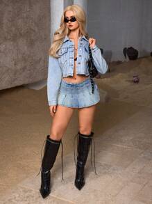 SHEIN Essnce Autumn/Winter Casual Washed Frayed Hem Cropped Thermal Lined Denim Jacket Warm Christmas Women Thanksgiving Women Thickened Denim - Light Wash - View 2