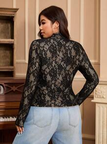 SHEIN EZwear Plus Size High Neck Black Lace Long Sleeve Sheer Look T-Shirt