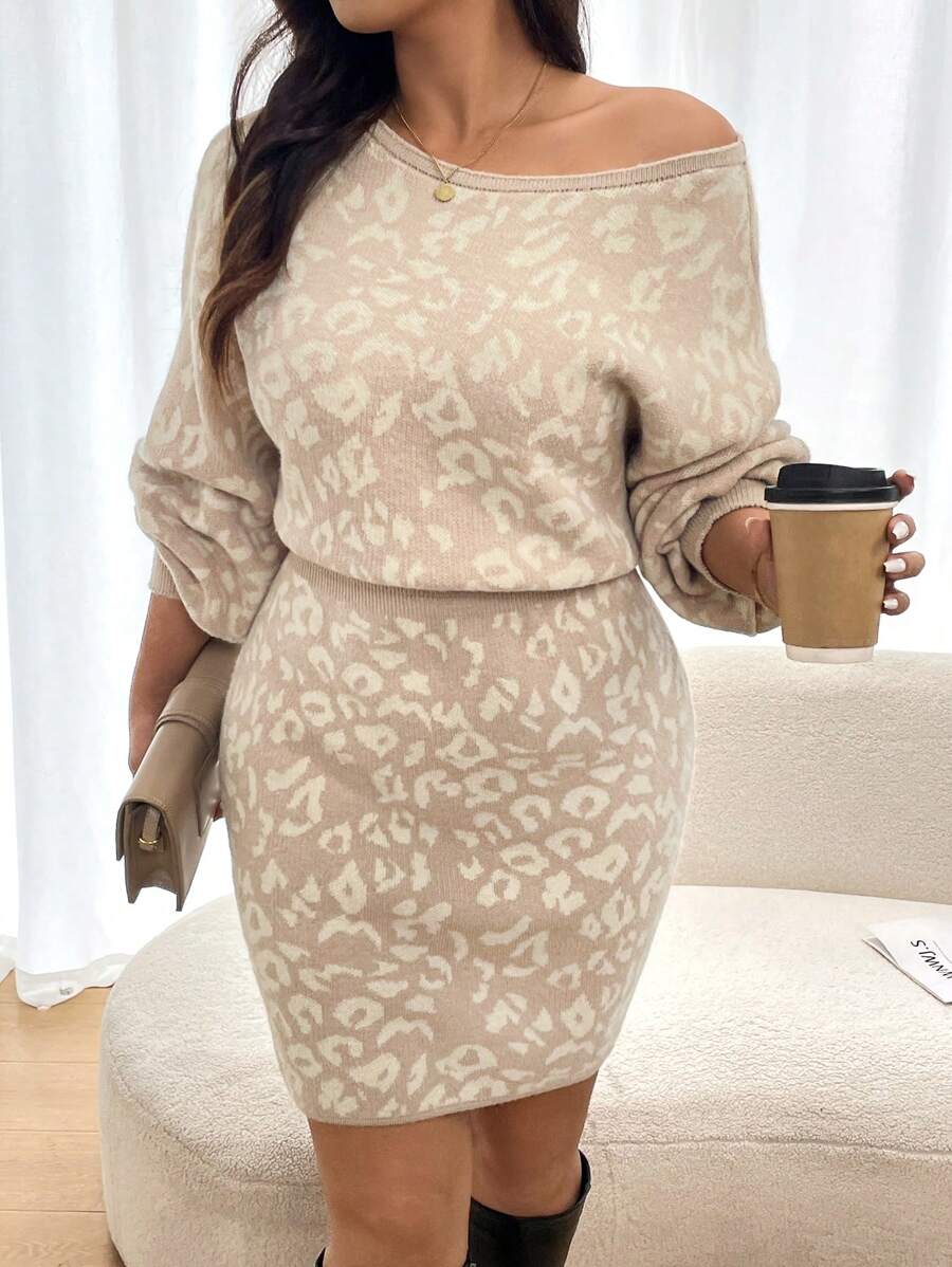 SHEIN Frenchy 大码豹纹松紧腰露肩毛衣连衣裙，适合冬季 - 杏色 - 查看 1