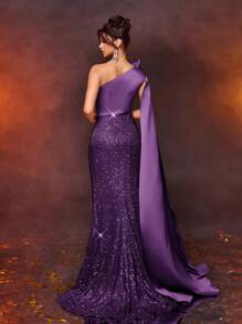 Glamrae Váy dạ hội đuôi cá bằng vải satin thêu hoa cổ bất đối xứng thanh lịch, váy dạ hội trang trọng, dành cho khách dự tiệc cưới, tốt nghiệp, tiệc tối, váy dự tiệc - Màu tím - Xem 4