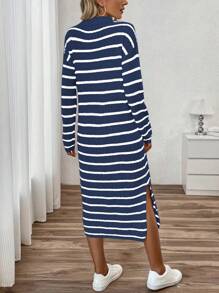 SHEIN Unity 女士 Polo 领、V 领条纹低胸休闲长款毛衣连衣裙 - 藏蓝色 - 查看 2
