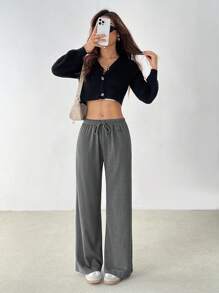 SHEIN PETITE 女式双面腰带字母刺绣休闲长裤 - 灰色 - 查看 3