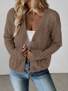 Calvaya Women's Solid Color Hollow V-Neck Knit Casual Cardigan Coffee Brown Topbutton Up Sweaterbrown Cardiganbrown Sweatercrop Cardigan