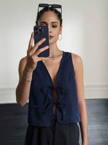 INAWLY Women Casual Solid Color Front Knot Loose Fit Tank Top, Summer - Navy Blue - View 3