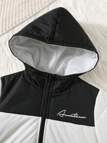 1件男童休闲连帽羽绒服，冬季保暖休闲款 - 黑白双色泰迪绒拼接羽绒服，适合冬季保暖、返校、日常穿着、圣诞节、生日派对、基础百搭、万圣节等场合，简约舒适。 - 黑與白 - 查看 8