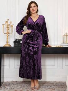 Modelyn 大码时尚简约长袖前系带休闲长裙超长女士装长款晚礼服