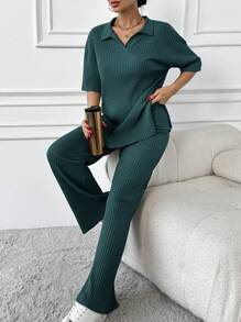 EURMUSE Cotton Two Pieces Set Polo Neck Top And Pant Set Rib Knit Fabric - Army Green - View 3