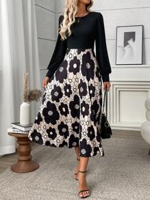 SHEIN Clasi Black Floral Print Patchwork Elegant Dress, For Autumn