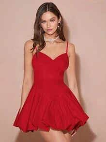 Enchnt 春冬浪漫女士红色蕾丝下摆优雅细肩带泡泡公主裙，性感、可爱、甜美、优雅的装扮，适合情人节、圣诞派对、新年、生日、节日和甜蜜约会之夜，连衣裙 - 紅色 - 查看 5