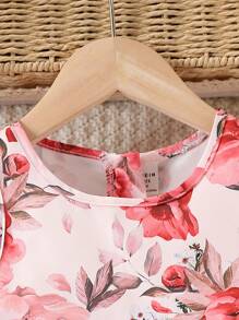 SHEIN 2 件套年轻女孩花卉印花连衣裙和厚毛绒短款夹克 - 酒紅色 - 查看 6