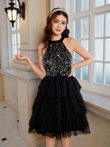 优雅少女天鹅绒串珠无袖圆领网眼蛋糕裙，迷人派对礼服，秋冬 - 黑色 - 查看 5