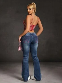 SHEIN SXY 女士侧边刺绣口袋喇叭休闲牛仔裤，百搭 - 藍色 - 查看 6