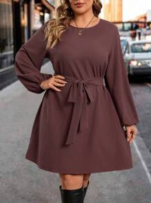 SHEIN Clasi Plus Size Women's Solid Color Textured Long Sleeve Dress, Autumn/Winter