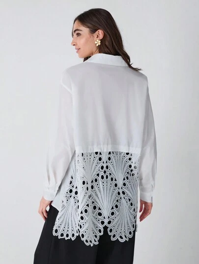 Enchnt 女士纯色前扣休闲长袖镂空衬衫