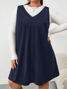 SHEIN CURVE+ French Style Solid Color V-Neck Corduroy Dress (Sweater Not Included)