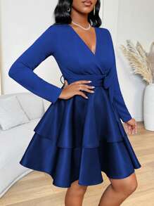 SHEIN Clasi Đầm ngắn tay dài buộc nơ phía trước màu trơn cho nữ - Xanh đậm - Xem 3