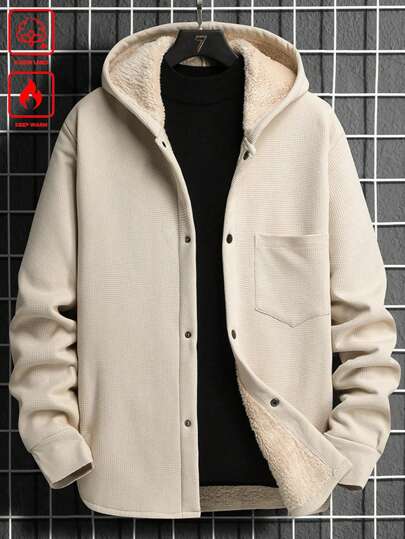 Manfinity Homme 大码男士纯色前扣长袖口袋休闲夹克，工作连帽时尚卡其色夹克，适合朋友、丈夫、男朋友的礼物