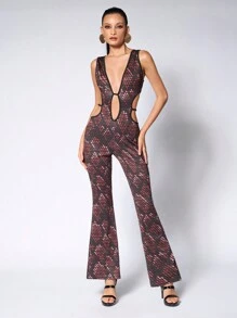 JIAN LASALA Monos multicolor para mujeres, sexy, de cuello en V profundo sin mangas, estampado total, con espalda descubierta, cruzados, con cortes, para usar en verano, en clubes, de vacaciones y para salir