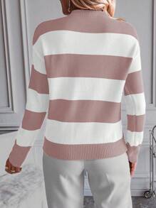 SHEIN LUNE Women Striped Round Neck Dropped Shoulder Casual Long Sleeve Pullover Sweater, Autumn/Winter - Multicolor - View 2