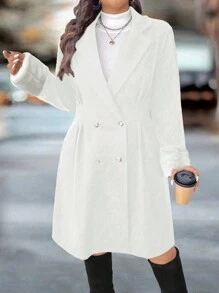 SHEIN Clasi 大码女式纯色彼得潘领长袖双排扣收腰大衣，秋冬款