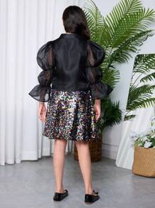 SHEIN Tween Girl Loose Elegant Sequins Decorated Shirt And Mini Skirt Set - Black - View 2
