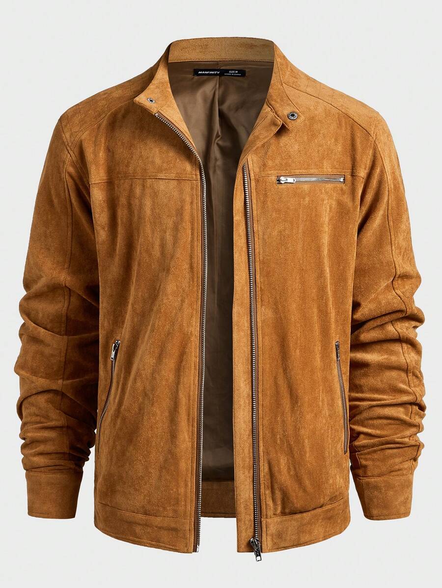 Manfinity VCAY Men's Knitted Slim Fit Casual Stand Collar Raglan Long Sleeve Jacket, Suitable For Autumn, For Christmas - Brown - View 1