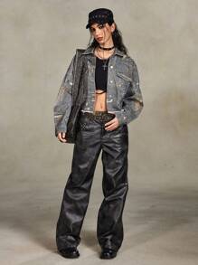 ROMWE Grunge Punk Metal Chain Doll Pendant Digital Print Stylish Street Unisex Oversized Denim Jacket - Blue - View 5