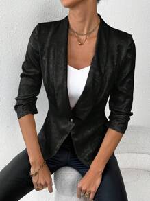 SHEIN Privé Women's Gold Color Lapel Long Sleeve Blazer - Black - View 5