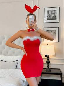 兔耳吊带连衣裙，配蝴蝶结头带，女式黑白服装 - 紅色 - 查看 1