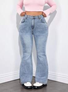 SHEIN ICON Plus Size Casual Washed Fitted Flare Leg Jeans - Blue - View 1